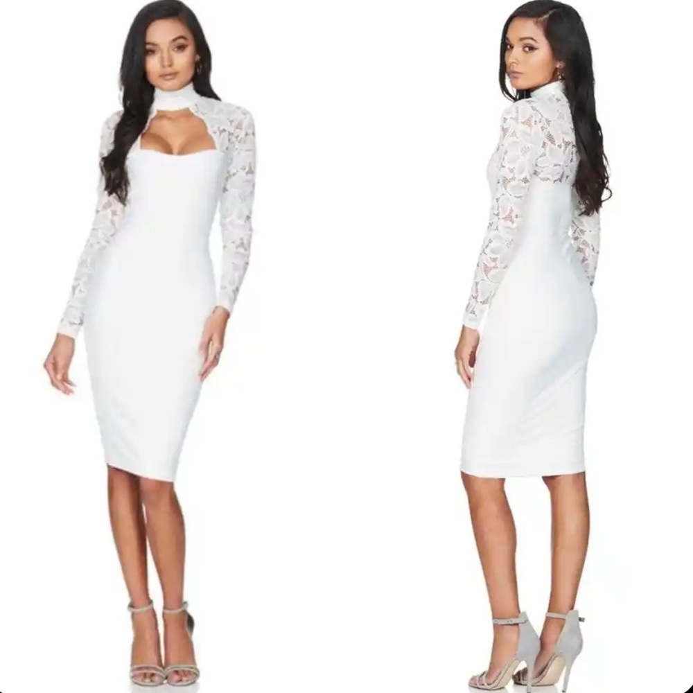 NOOKIE Lady Lace Long Sleeve Midi Dress White Small Bridal Wedding Event Bodycon
